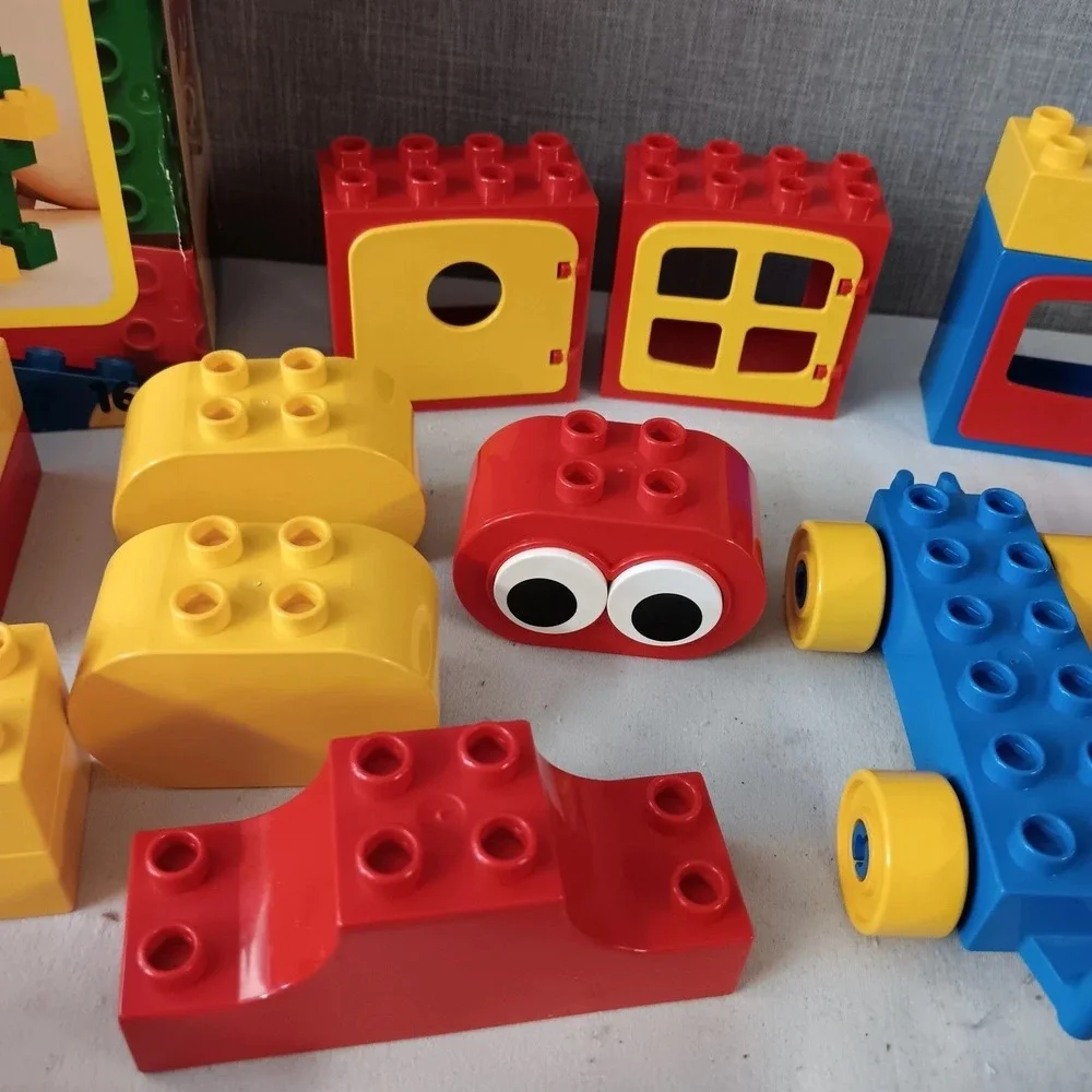 LEGO Duplo Vintage Mixed Lot 55 Pieces Figures Wheels Storage Box Blocks Doors
